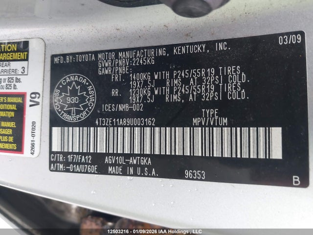 2009 Toyota Venza მანქანა იყიდება აუქციონზე, vin: 4T3ZE11A89U003162, აუქციონის ნომერი: 12503216