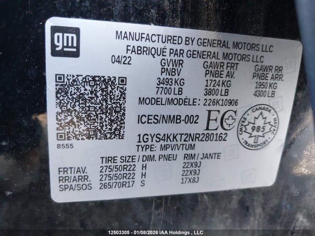 1GYS4KKT2NR280162 Cadillac Escalade Esv Premium Luxury