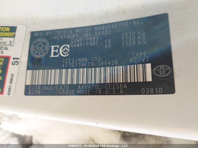 4T1G11AK0NU046456 Toyota Camry