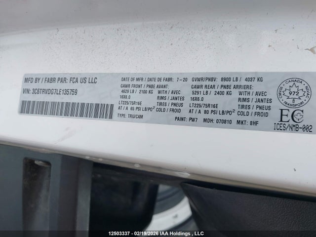 12503337 :رقم المزاد ، 3C6TRVDG7LE135759 vin ، 2020 Ram Promaster 2500 High Roof 159 In. Wb مزاد بيع
