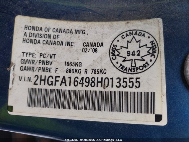 2008 Honda Civic Dx-g მანქანა იყიდება აუქციონზე, vin: 2HGFA16498H013555, აუქციონის ნომერი: 12503395
