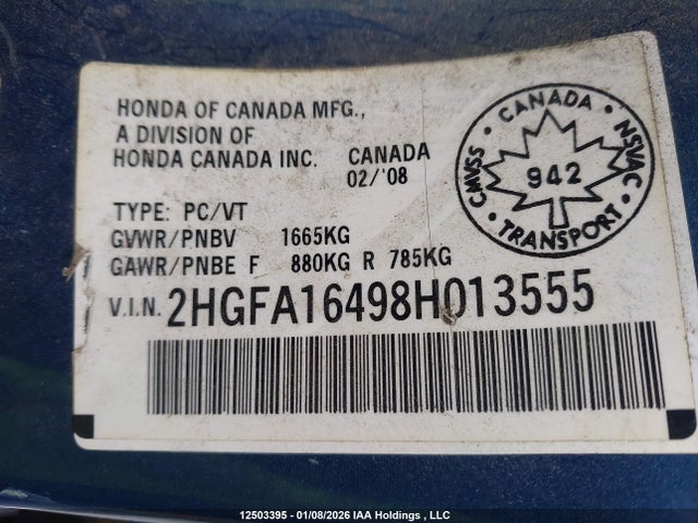 2008 Honda Civic Dx-g მანქანა იყიდება აუქციონზე, vin: 2HGFA16498H013555, აუქციონის ნომერი: 12503395