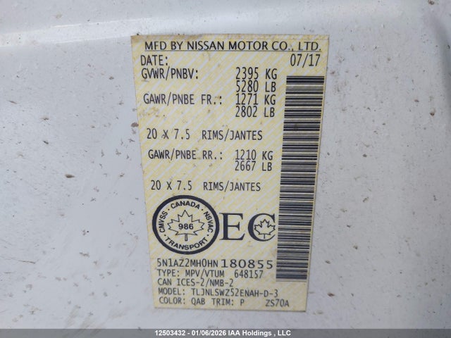 5N1AZ2MH0HN180855 Nissan Murano S/sl/sv/platinum