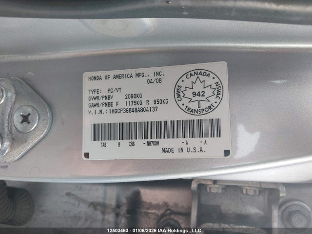 Продаж на аукціоні авто 2008 Honda Accord Exl, vin: 1HGCP36848A804137, номер лоту: 12503463