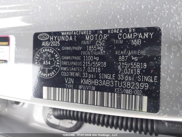 12503496 :رقم المزاد ، KM8HB3AB3TU382399 vin ، 2026 Hyundai Kona Preferred مزاد بيع