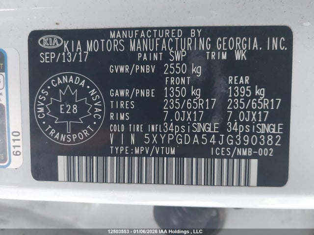 5XYPGDA54JG390382 KIA Sorento Lx/l