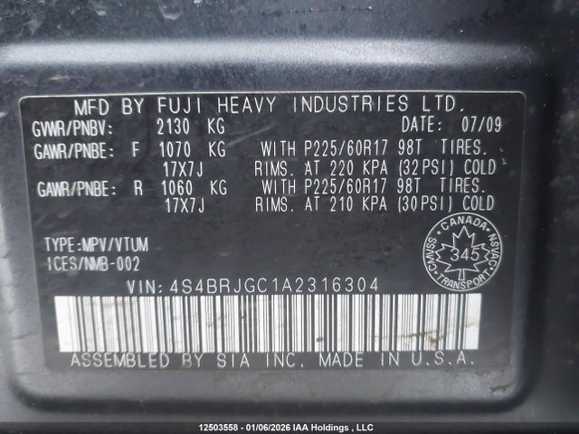 Продаж на аукціоні авто 2010 Subaru Outback 3.6r Premium, vin: 4S4BRJGC1A2316304, номер лоту: 12503558