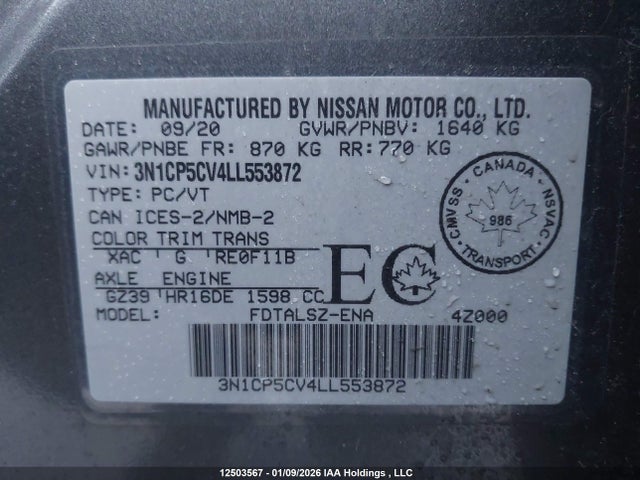 3N1CP5CV4LL553872 Nissan KICKS SV