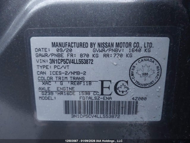 3N1CP5CV4LL553872 Nissan KICKS SV