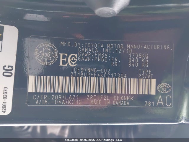 Toyota Corolla 2019 2T1BURHE4KC217304 Image 9