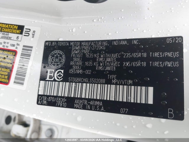 2020 Toyota Highlander Hybrid Hybrid მანქანა იყიდება აუქციონზე, vin: 5TDGBRCH6LS502088, აუქციონის ნომერი: 12503597