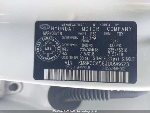 12503626 :رقم المزاد ، KM8K3CA56JU096623 vin ، 2018 Hyundai Kona Limited مزاد بيع