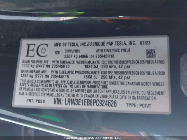 Aukcja sprzedaży 2023 Tesla Model 3 Long Range, vin: LRW3E1EB8PC924626, numer aukcji: 12503629