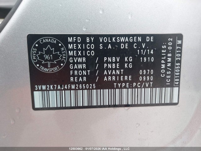 Продаж на аукціоні авто 2015 Volkswagen Jetta S, vin: 3VW2K7AJ4FM265025, номер лоту: 12503662