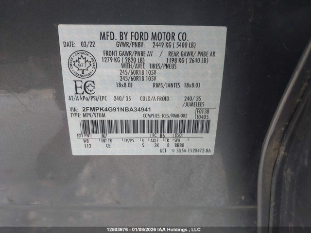 Aukcja sprzedaży 2022 Ford Edge, vin: 2FMPK4G91NBA34941, numer aukcji: 12503676
