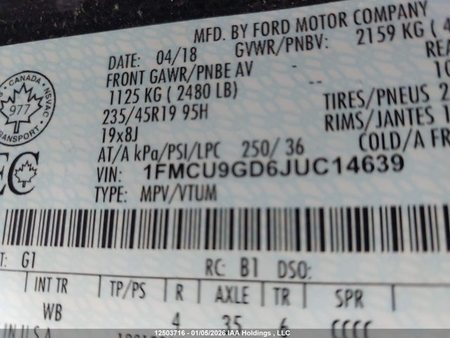 12503716 :رقم المزاد ، 1FMCU9GD6JUC14639 vin ، 2018 Ford Escape Se مزاد بيع