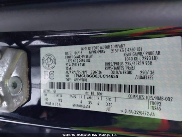 12503716 :رقم المزاد ، 1FMCU9GD6JUC14639 vin ، 2018 Ford Escape Se مزاد بيع
