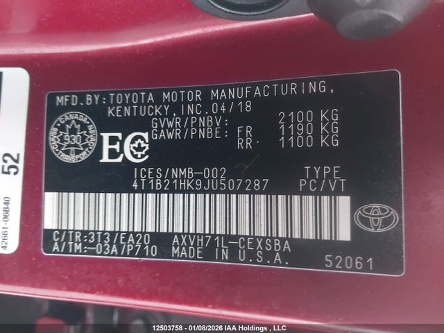 4T1B21HK9JU507287 Toyota Camry Hybrid Se
