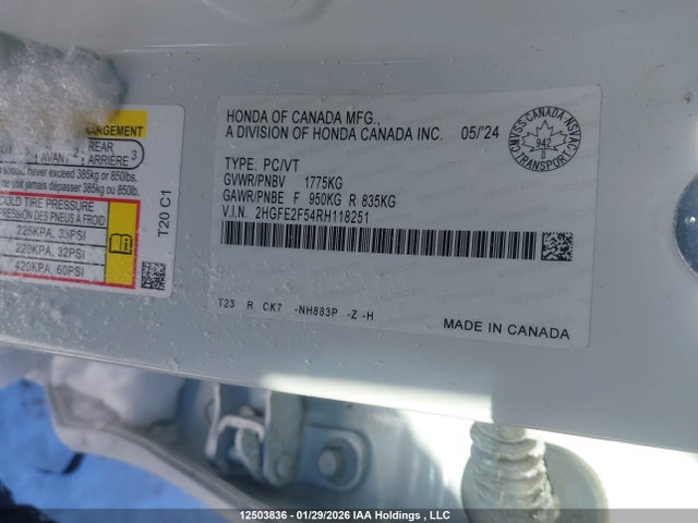 Aukcja sprzedaży 2024 Honda Civic Sport, vin: 2HGFE2F54RH118251, numer aukcji: 12503836