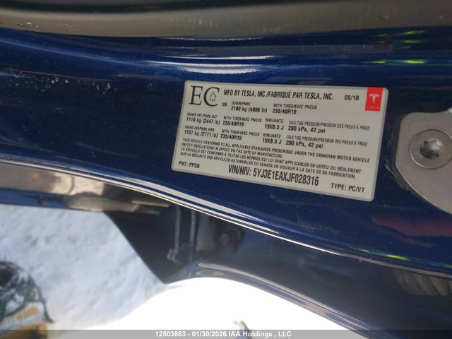 5YJ3E1EAXJF028316 Tesla Model 3 Long Range/mid Range