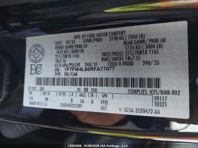 12503886 :رقم المزاد ، 1FTFW4L86RFA77077 vin ، 2024 Ford F150 مزاد بيع