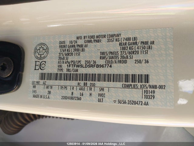 12503914 :رقم المزاد ، 1FTFW5LD5RFB96774 vin ، 2024 Ford F-150 Lariat مزاد بيع