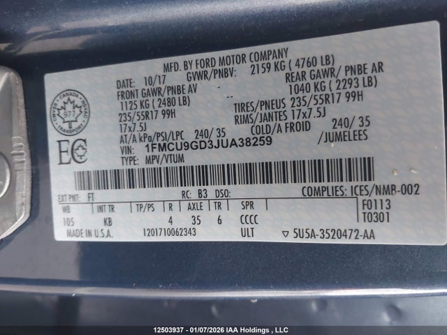 1FMCU9GD3JUA38259 Ford Escape
