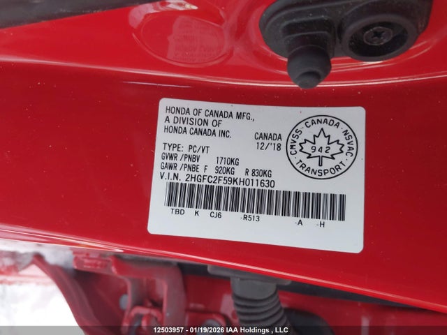 Aukcja sprzedaży 2019 Honda Dx, vin: 2HGFC2F59KH011630, numer aukcji: 12503957