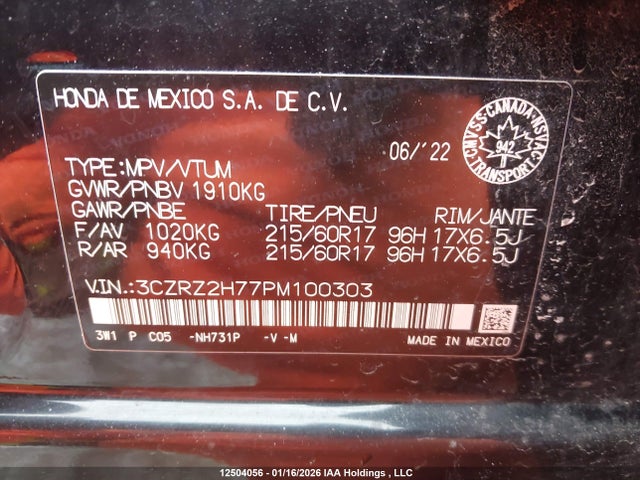 3CZRZ2H77PM100303 Honda Hr-v Ex-l Navi