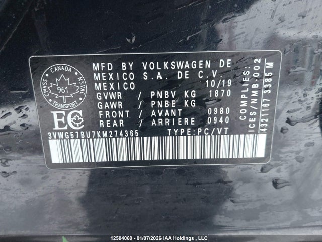 3VWG57BU7KM274365 Volkswagen Jetta 1.4 Tsi Execline