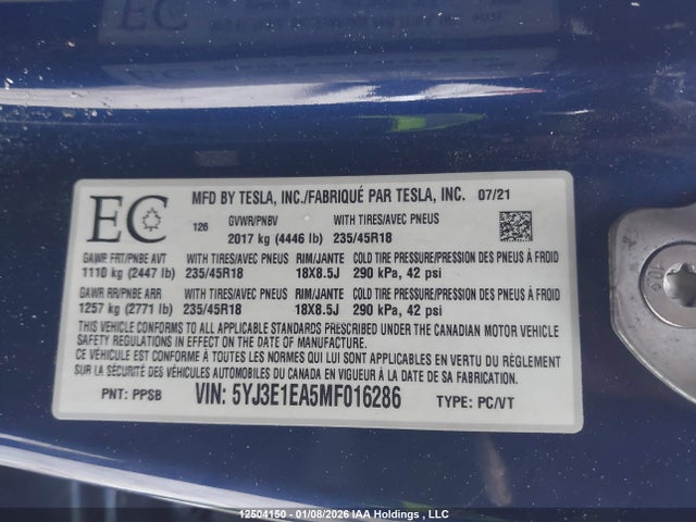 Tesla MODEL 3 2021 5YJ3E1EA5MF016286 Image 9