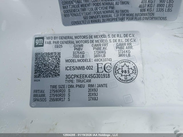 Aukcja sprzedaży 2025 Chevrolet Silverado 1500, vin: 3GCPKEEK4SG301918, numer aukcji: 12504285
