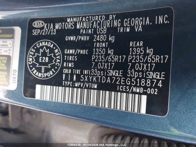 5XYKTDA72EG518874 KIA Sorento
