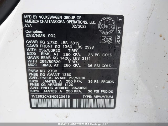 Auction sale of the 2022 Volkswagen Atlas Sel, vin: 1V2BR2CA3NC520616, lot number: 12504319
