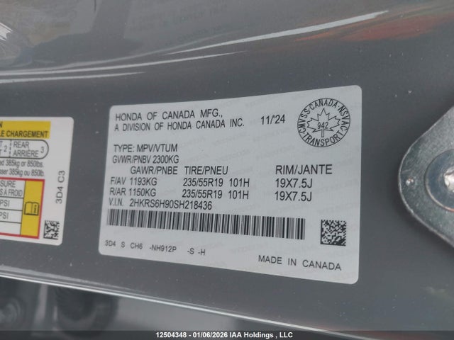 12504348 :رقم المزاد ، 2HKRS6H90SH218436 vin ، 2025 Honda Cr-v Hybrid Touring مزاد بيع