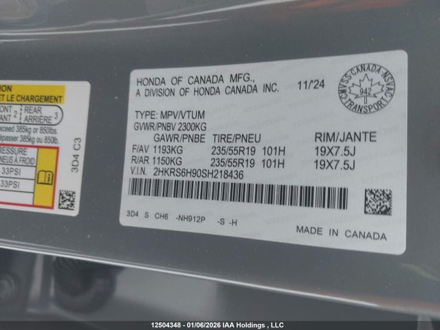 12504348 :رقم المزاد ، 2HKRS6H90SH218436 vin ، 2025 Honda Cr-v Hybrid Touring مزاد بيع