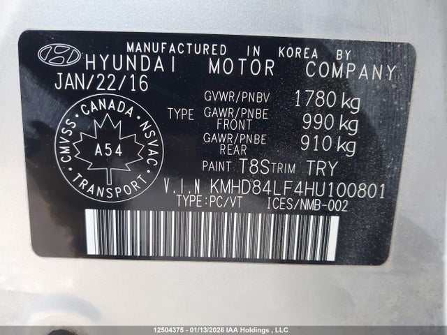 KMHD84LF4HU100801 Hyundai Elantra