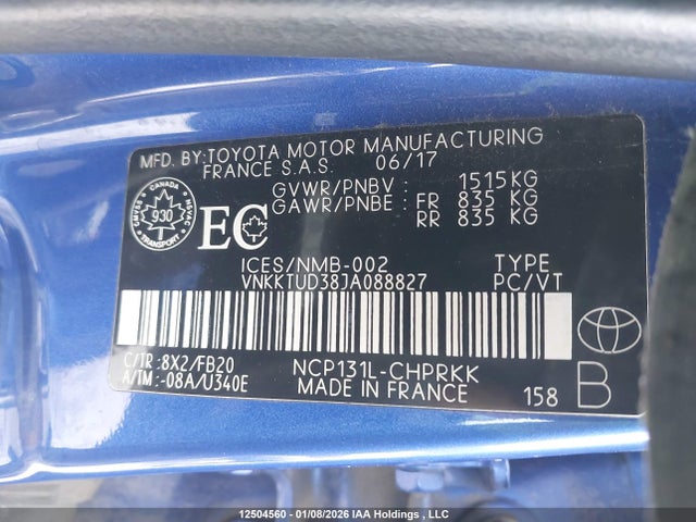 Продажа на аукционе авто 2018 Toyota Yaris, vin: VNKKTUD38JA088827, номер лота: 12504560