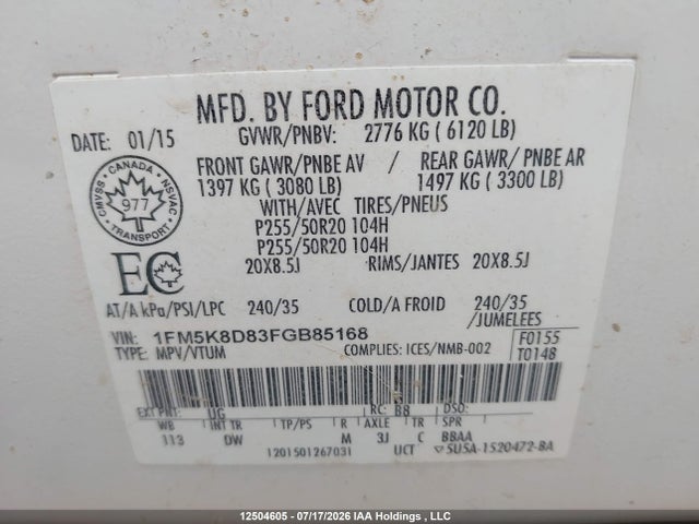 Ford EXPLORER XLT 2015 1FM5K8D83FGB85168 Image 20
