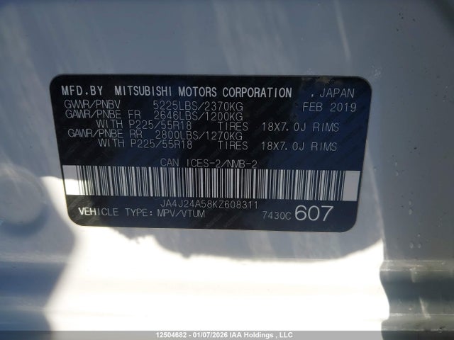 Продаж на аукціоні авто 2019 Mitsubishi Outlander Sel/gt, vin: JA4J24A58KZ608311, номер лоту: 12504682