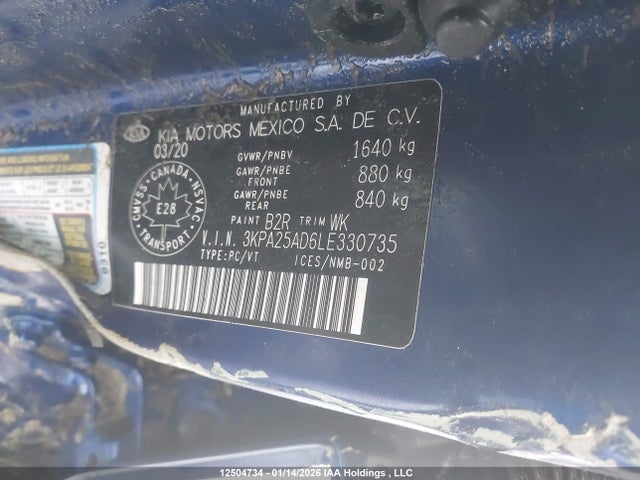 3KPA25AD6LE330735 KIA RIO LX/S