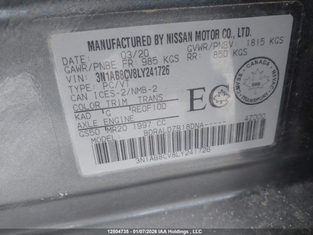 3N1AB8CV8LY241726 Nissan SENTRA SV