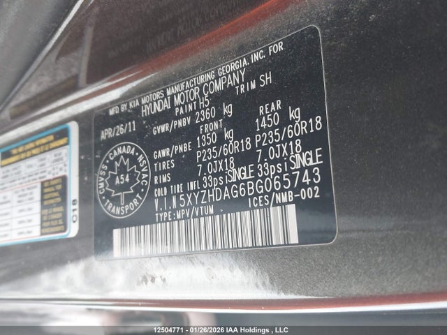 12504771 :رقم المزاد ، 5XYZHDAG6BG065743 vin ، 2011 Hyundai Santa Fe Limited 3.5 مزاد بيع