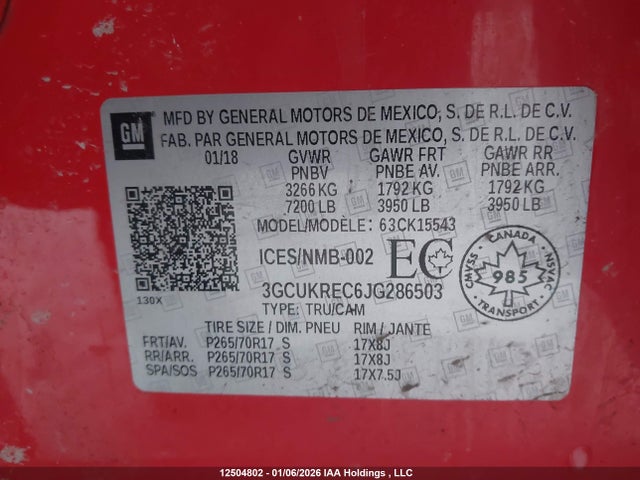 3GCUKREC6JG286503 Chevrolet Silverado K1500 Lt
