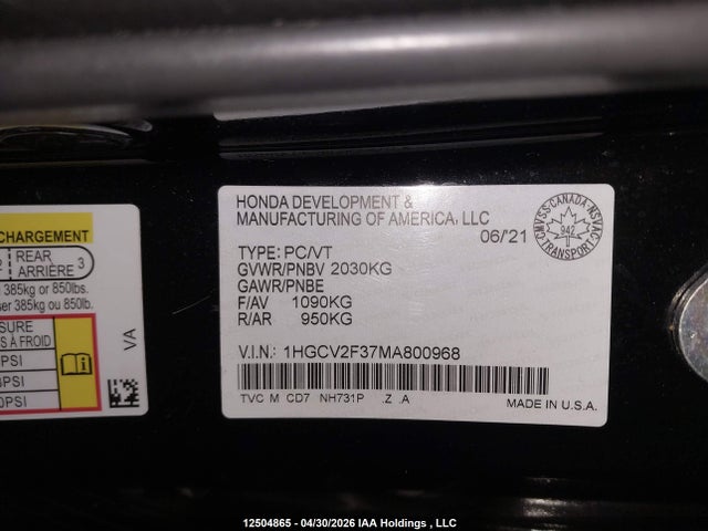 Продаж на аукціоні авто 2021 Honda Accord Sport 2.0t, vin: 1HGCV2F37MA800968, номер лоту: 12504865