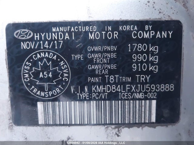 KMHD84LFXJU593888 Hyundai ELANTRA GL