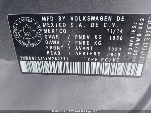3VWD07AJ1FM260671 Volkswagen Jetta 1.8 Tsi Comfortline/1.8 Tsi Trendline+