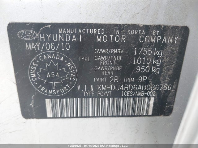 Aukcja sprzedaży 2010 Hyundai Elantra Blue/gls/se, vin: KMHDU4BD6AU086756, numer aukcji: 12505026