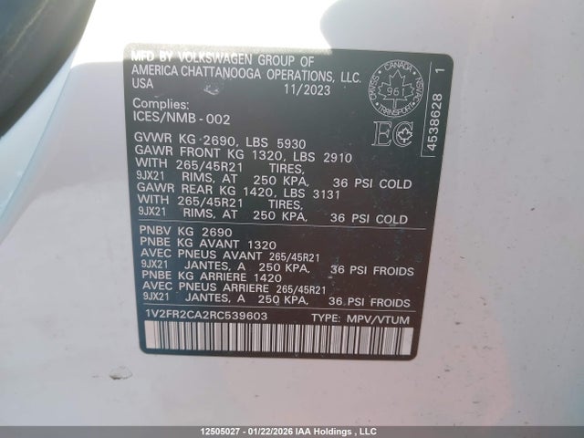 Продажа на аукционе авто 2024 Volkswagen Atlas, vin: 1V2FR2CA2RC539603, номер лота: 12505027