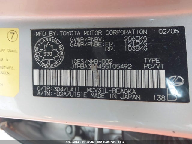 12505044 :رقم المزاد ، JTHBA30G455105492 vin ، 2005 Lexus Es 330 مزاد بيع